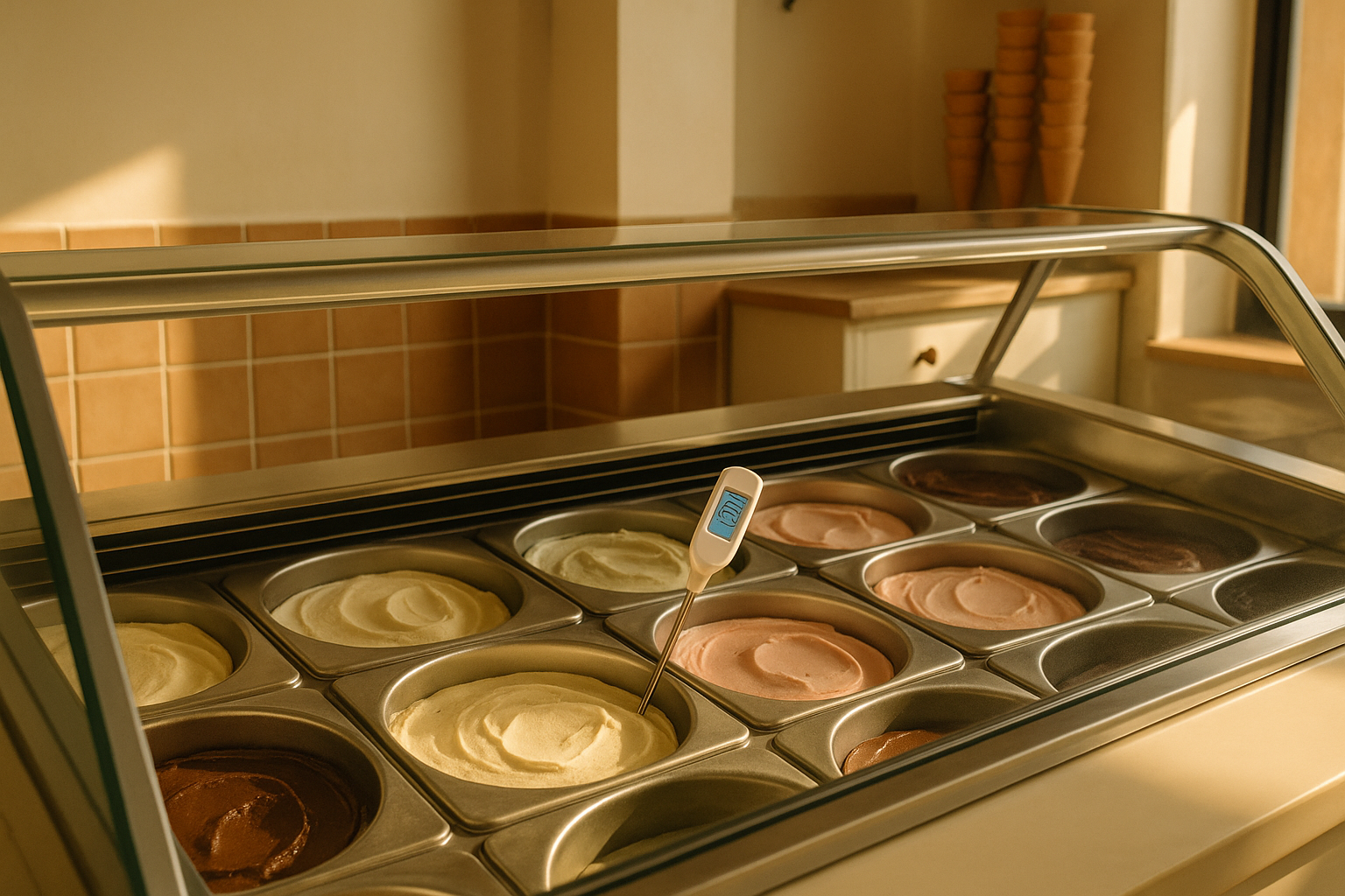 Vitrina de heladería con cubetas de helado y un termómetro digital apoyado en el borde de una cubeta.