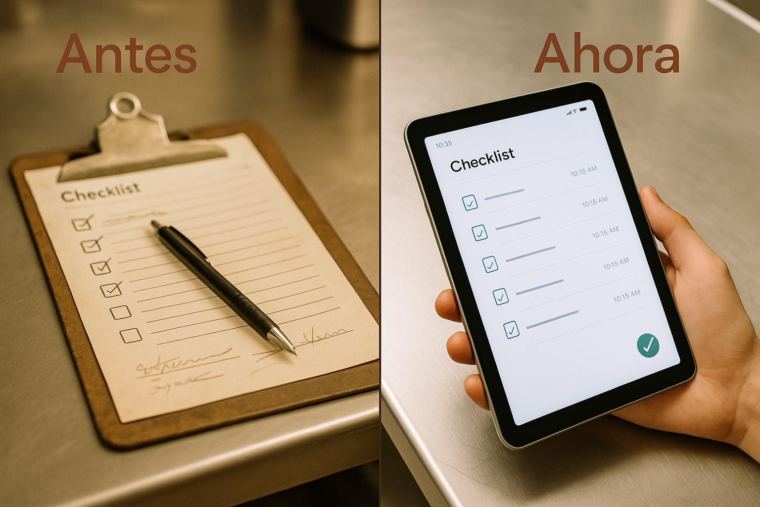 Comparación entre un checklist en papel sobre portapapeles metálico y el mismo checklist en una tablet con ítems marcados y sello de hora.