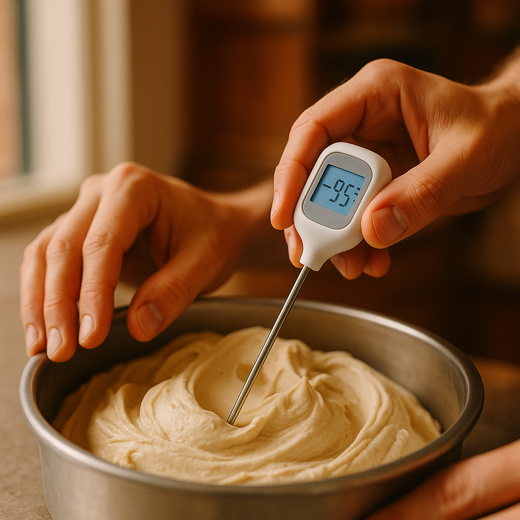 Manos colocando una sonda digital de temperatura sobre una cubeta de helado en una vitrina.